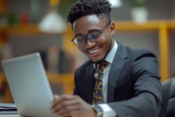 Young smiling businessman working in the office, sitting at the desk in a suit, looking at the laptop screen and holding a mobile phone, Generative AI