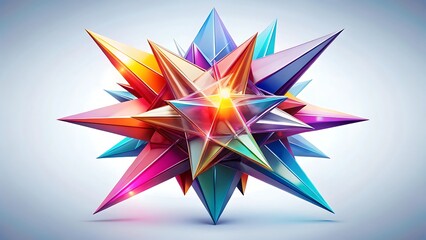 Colorful abstract starburst shape with sharp facets and vibrant iridescent gradient, isolated on white background