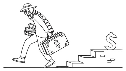 Masked figure with money and briefcase, walking away from a dollar sign on stairs. Financial crime and illegal gain concept.