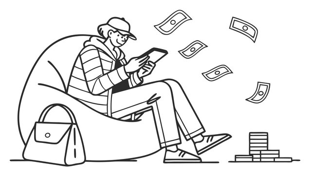 person using tablet, money falling, beanbag clip art preview