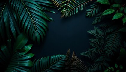 Dark moody flatlay of tropical leaves; palm fronds, monstera deliciosa, ferns, jungle, dark