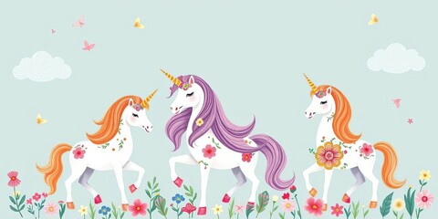 Fototapeta premium Four floral unicorns, whimsical hand-drawn vector illustration, delicate, graphic