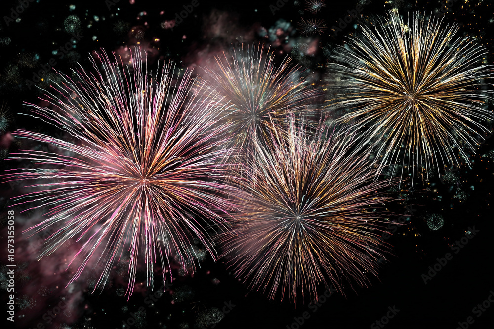 Poster colorful fireworks display exploding in the night sky showing streaks of light and sparks