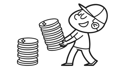 Happy cartoon character carrying a large stack of coins, symbolizing saving money, financial growth, and wealth accumulation in line art.