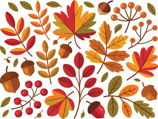 Autumn Leaves and Harvest Fruits Vector Set with Seasonal Elements for Fall Design