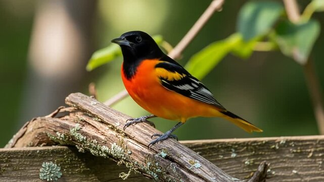 Charming Baltimore Oriole perched on a weathered wooden fence, showcasing vibrant orange and black plumage against a backdrop of lush green foliage creating a serene nature scene