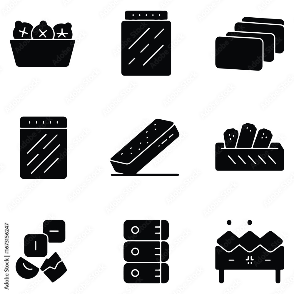 Poster collection of black and white pictograms illustrating different objects and concepts in simple shape
