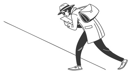 Focused person in hat and coat walking uphill, navigating with a map or device. Black and white line art illustration.