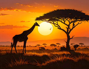 Silhouette of a giraffe at sunset in the African savanna, under an acacia tree.