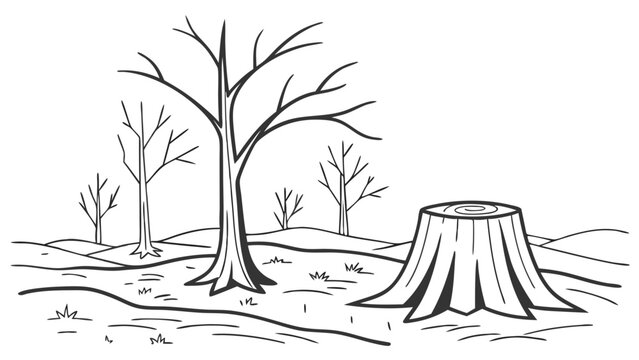 Deforestation concept: tree stump and bare trees in barren landscape, environmental impact illustration