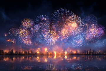 Fototapeta premium Vibrant fireworks display over a city skyline reflecting in calm water at night