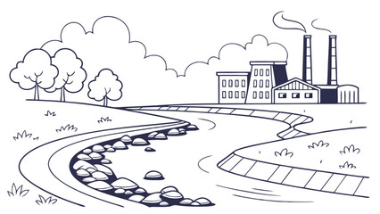 Industrial factory with smoking chimneys by a river in a natural landscape, line art illustration of environmental pollution and industry impact.