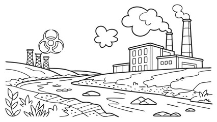 Obraz premium Industrial pollution line art: factory emitting smoke, biohazard waste, and polluted river. Environmental damage concept.