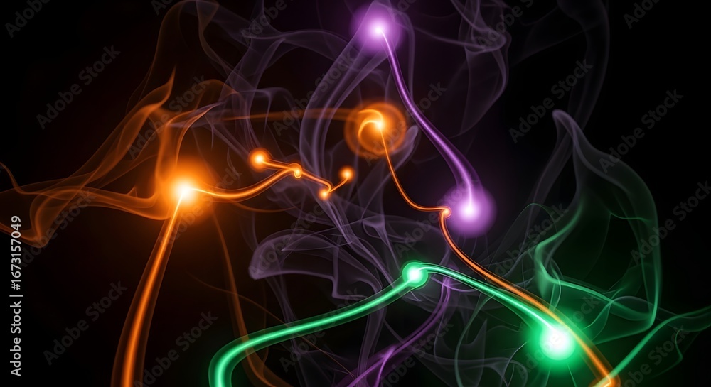 Poster abstract image of glowing lines and smoke trails on a dark background.