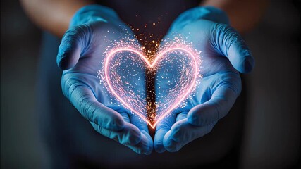 A close-up of hands in blue medical gloves carefully holding a shimmering, glowing heart made of particles and light. The bright, pulsating heart symbolizes life, health, compassion, and care. This vi - Powered by Adobe