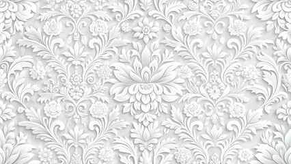 Intricate white damask floral pattern with a baroque, rococo, and victorian style, isolated on white background