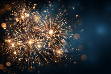 Fototapeta premium Golden fireworks exploding against a dark blue night sky with sparkling bokeh lights a celebratory festive background