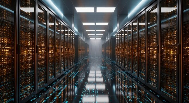 Server room hallway with glowing lights and data center racks