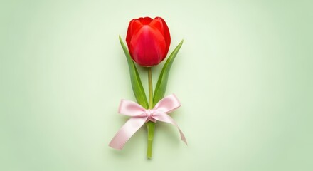Fototapeta premium A single red tulip with a pink bow on a light green background