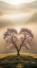 Obraz premium Heart shaped tree blooming in misty sunrise light