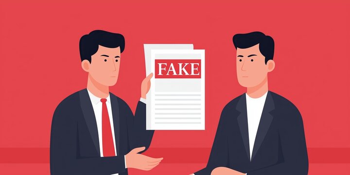 Two men in formal attire discussing a document labeled "FAKE," illustrating the theme of misinformation and its impact on communication and trust in society