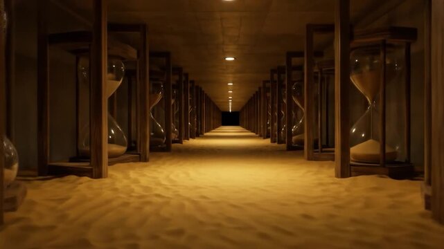 Endless row of hourglasses measuring time passing in repetitive pattern leading into the distance