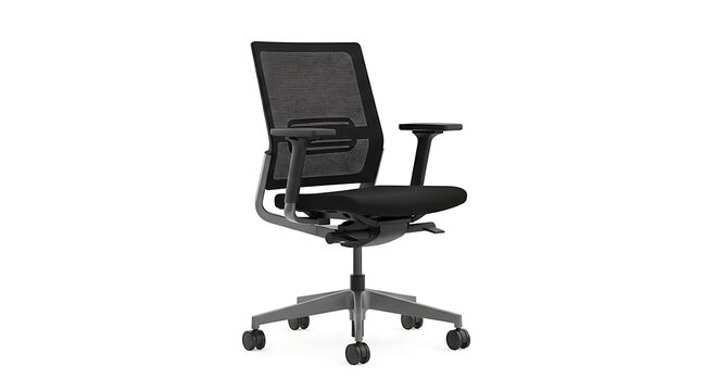 A modern office chair with mesh back and adjustable arms isolated on a white background studio shot