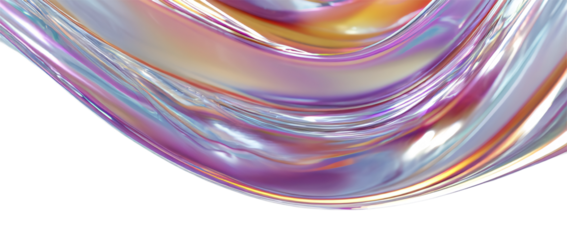 Liquid glass flows on a transparent background in the form of a transparent, iridescent, shiny, wide white wave. For designers, marketers. Popular image, illustration, object.