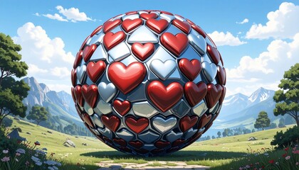 Abstract artistic sphere constructed of hearts resting on a field with a scenic backdrop