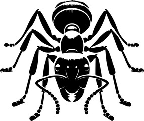 Detailed illustration of a black ant with segmented body and six legs on a white background view from above