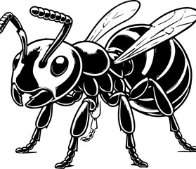 Illustration of a stylized ant with wings and segmented legs in black and white outline style