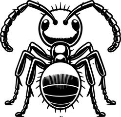 Illustration of a cartoon ant with large eyes and antennae in black and white outline style design