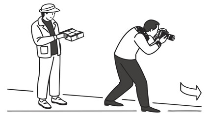Photographer taking a photo with a camera, assisted by a man holding equipment. Professional photo shoot concept line art.