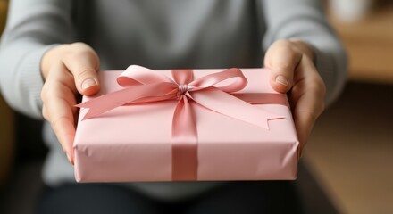 A person giving a pink gift box with a ribbon
