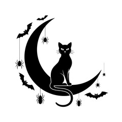 Black & white vector silhouette of a Halloween cat on a moon on a white background