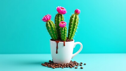 Cactus growing out of coffee mug, exaggerated surreal viral design, playful absurd meme