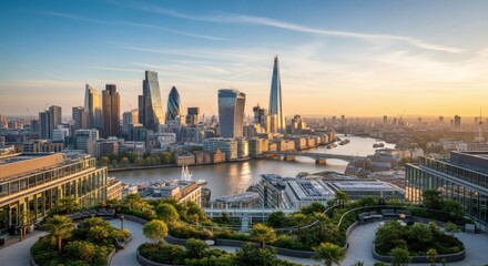 Obraz premium London's iconic skyline at sunset, showcasing modern architecture and the River Thames
