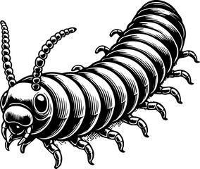 Detailed monochrome illustration of a centipede with many legs and segmented body design artfully rendered
