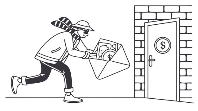 Thief running with stolen money from building, financial crime and data breach concept, black and white illustration