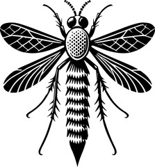 Detailed monochrome drawing of a winged insect with striped body and segmented antennae design element