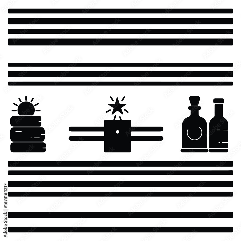 Poster abstract striped pattern with symbols of wood stack star and bottles minimalist design background te