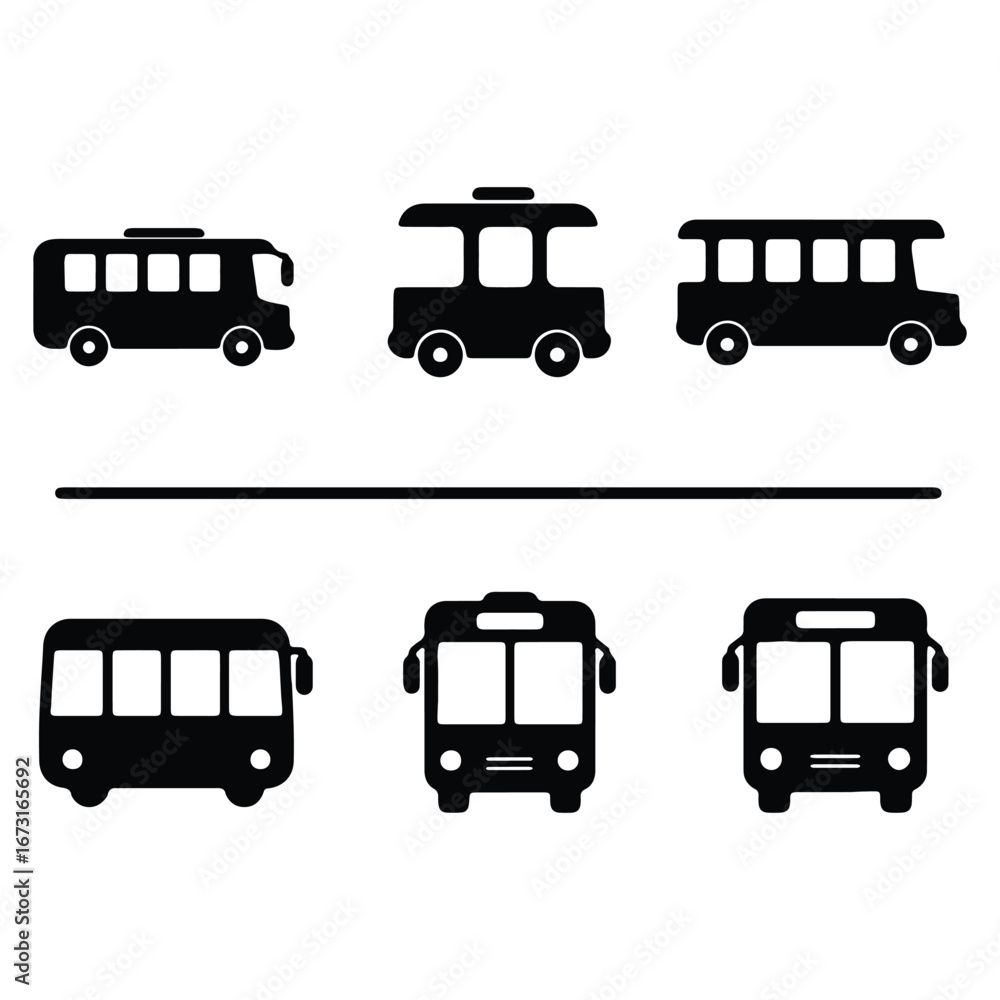 Poster collection of different bus vector icons in black and white minimalist style for transportation and 