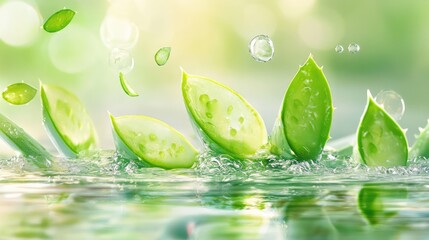 Aloe pieces gently drifting in water with air bubbles, showcasing purity and hydration