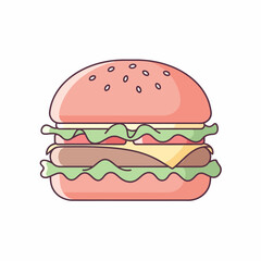 Delicious Cartoon Hamburger with Sesame Seeds Lettuce Cheese and Beef Patty.