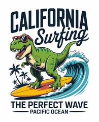 An amusing vision of a T-Rex riding a wave, symbolizing the adventurous spirit of surfing in California with a cheerful and vibrant atmosphere.
