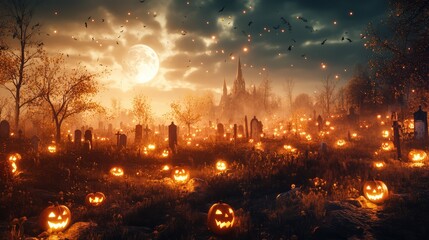 Obraz premium Eerie night shot of a haunted cemetery, jack-o'-lanterns glowing beneath an ominous full moon and swirling mist