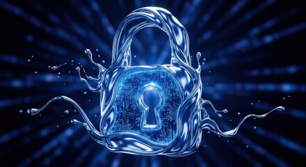 Digital Security Lock Cyber Data Protection with Abstract Metallic Fluid and Electronic Circuitry Background Technology and Privacy Conceptual Illustration