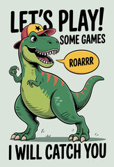 This joyful dinosaur graphic perfectly embodies the spirit of fun and play, capturing children's attention with vibrant colors and engaging gaming imagery, ideal for various themes.