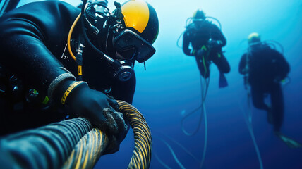 Professional maintenance divers carefully inspecting deep-sea submarine cable connection underwater