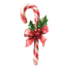 Vintage Candy Cane with Holly and Bow on Background